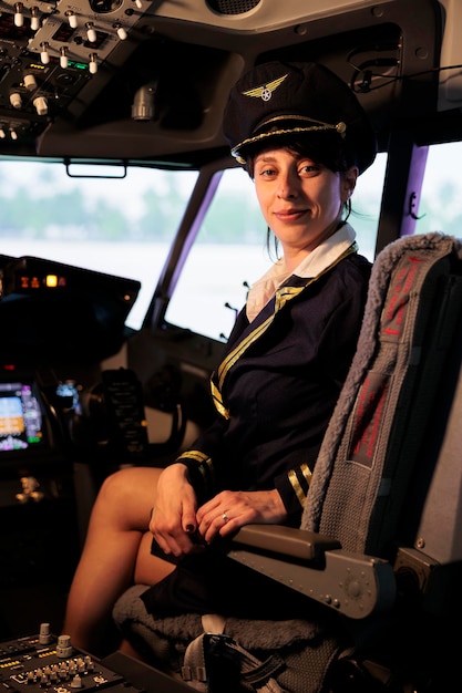 Retrato de un avión femenino en un avión volador uniforme desde la cabina con comandos de panel de control y botones de tablero, transporte aéreo. Mujer usando interruptor y palanca con navegación por radar.