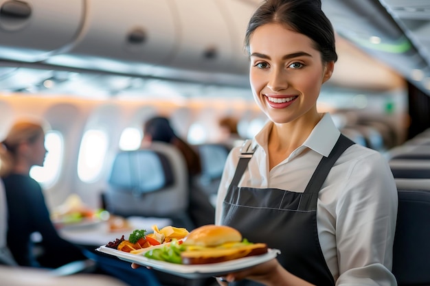 Foto retrato de una azafata sonriente sirviendo comida en un avión