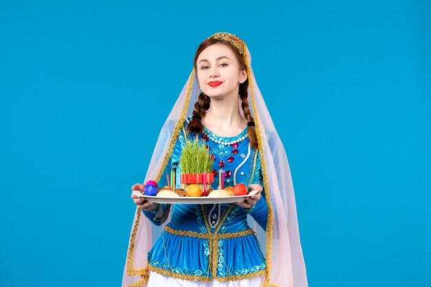 retrato, de, azeri, mujer, en, vestido tradicional