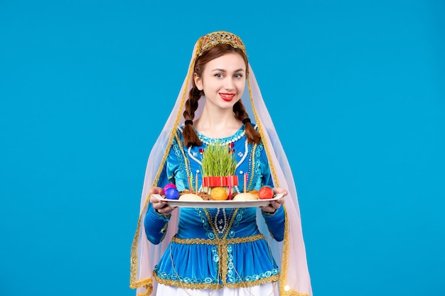 retrato, de, azeri, mujer, en, vestido tradicional