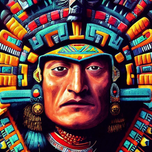 retrato, de, azteca, hombre, con, cabeza, ornamentos