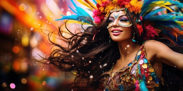Retrato de una bailarina profesional en un colorido y suntuoso traje de plumas de carnaval