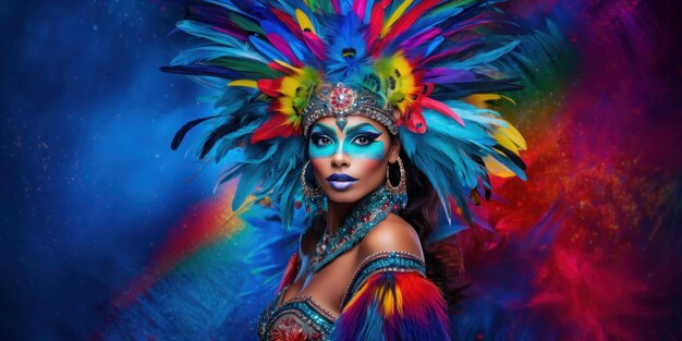 Retrato de una bailarina profesional en un colorido y suntuoso traje de plumas de carnaval