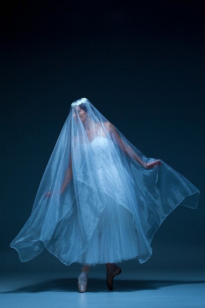 Foto retrato de la bailarina sobre fondo azul.