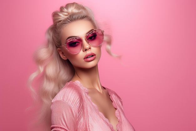 Retrato de Barbie mujeres bonitas rubias con gafas de sol rosas y lápiz labial Generativo Ai