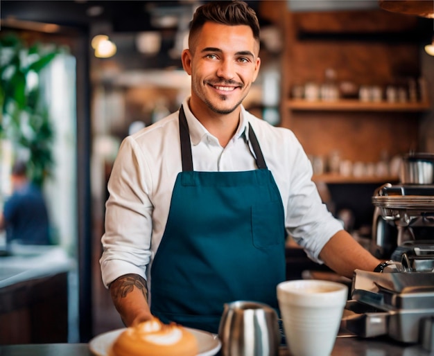 Retrato de un barista hombre sonriente de pie en una cafetería