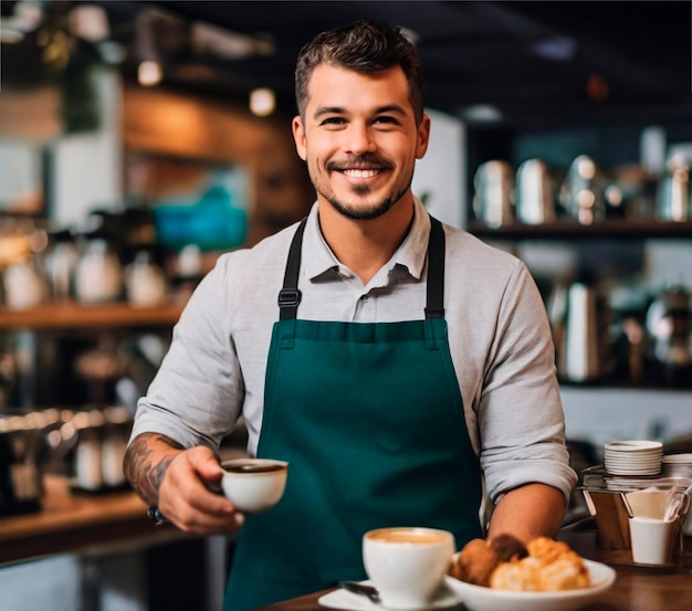 Retrato de un barista hombre sonriente sosteniendo una taza de café