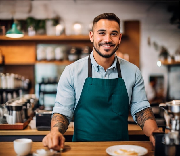 Retrato de un barista sonriente con un delantal de pie en el mostrador de una cafetería