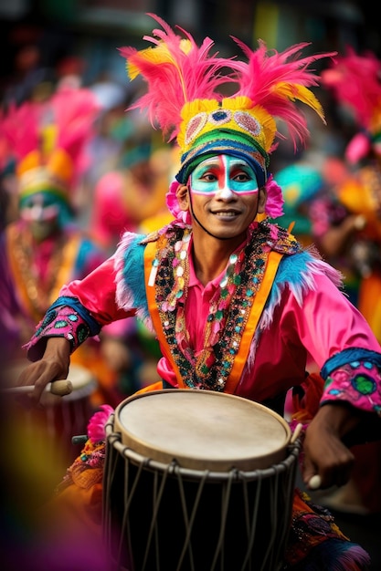 retrato del baterista de carnaval tocando un tambor en una marcha generativa ai