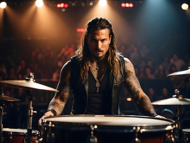 Foto retrato de un baterista de heavy metal tocando la batería en el fondo de la música de concierto