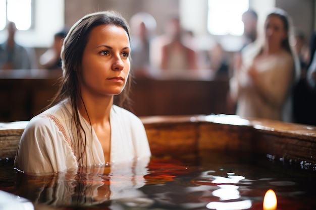 Foto retrato de bautismo y mujer en la iglesia para ceremonia cristiana ritual y agua bendita