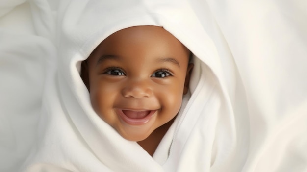 Retrato de un bebé feliz envuelto en una toalla o manta niño sonriendo después de la hora del baño