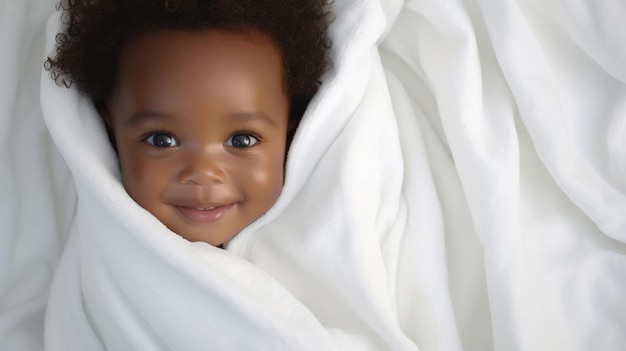 Retrato de un bebé feliz envuelto en una toalla o manta niño sonriendo después de la hora del baño