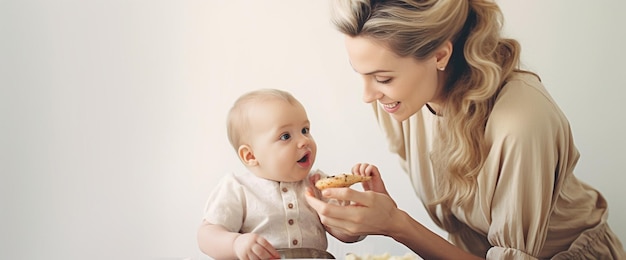 Retrato de un bebé con labios sucios Madre joven alimentando a su hija con frutas IA generativa