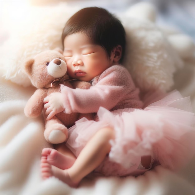 Retrato de un bebé recién nacido con un animal de peluche