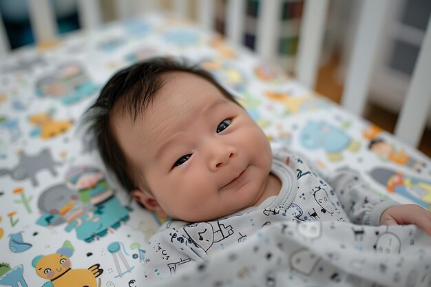 Foto retrato de un bebé recién nacido en la cuna