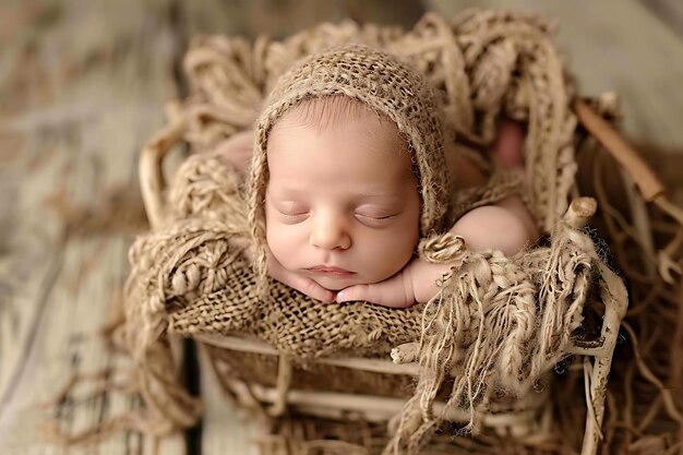 Foto retrato de un bebé recién nacido en la cuna