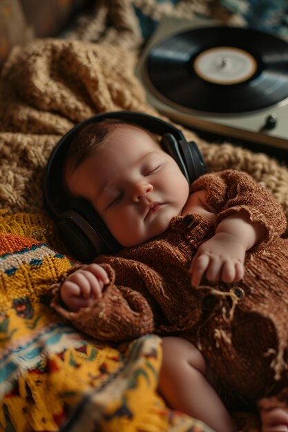 Foto retrato de un bebé recién nacido escuchando música con auriculares y acostado en una manta suave