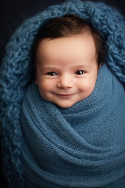 Retrato de un bebé recién nacido sonriente envuelto en una manta azul