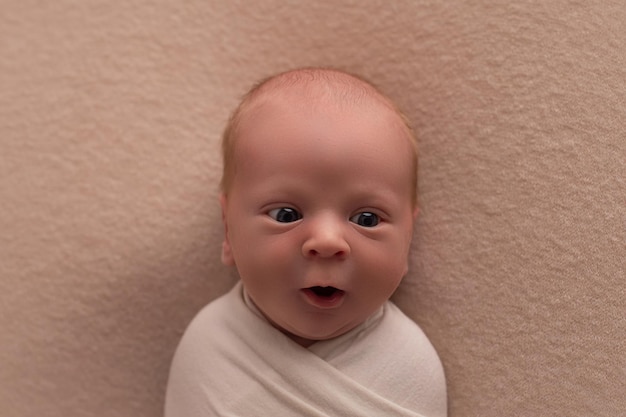 Retrato de un bebé recién nacido con una sonrisa en la cara sobre un fondo beige