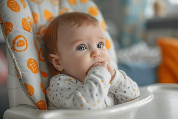 retrato de un bebé sentado en la silla alta listo para comenzar a comer mientras mira a un lado