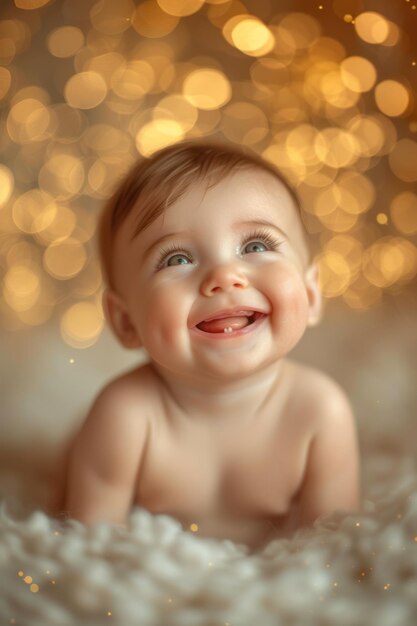 Retrato de un bebé sonriente con cabello rubio y ojos azules