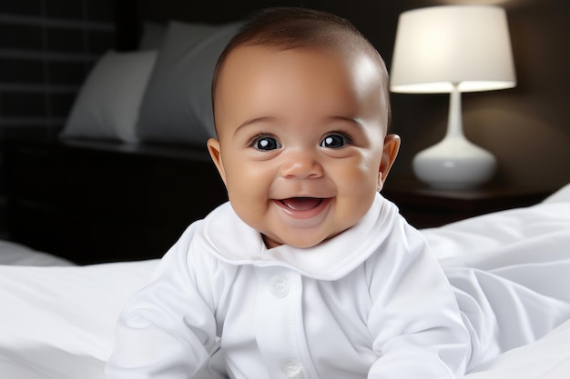 Retrato de un bebé sonriente en una cama