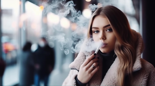 Retrato de una bella joven con un abrigo y un cigarrillo en la ciudad IA generativa