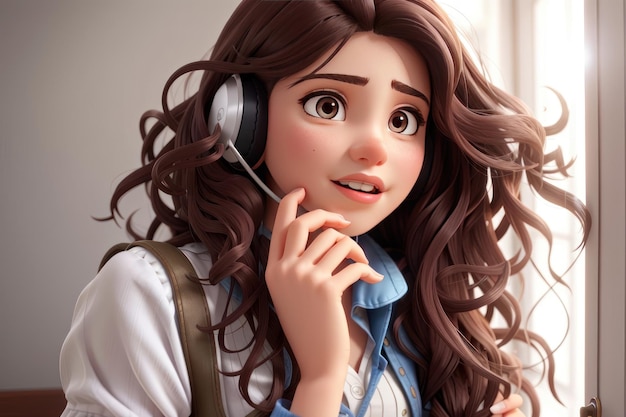 Retrato de una bella joven con auriculares escuchando música