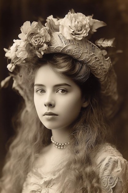 Retrato de una bella joven con un elaborado sombrero creado con ai generativo