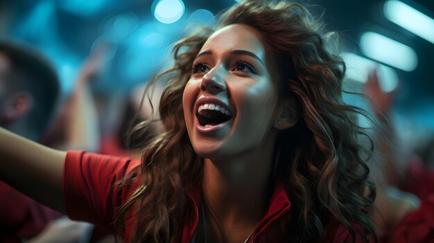 Foto retrato de una bella joven gritando en un festival de música