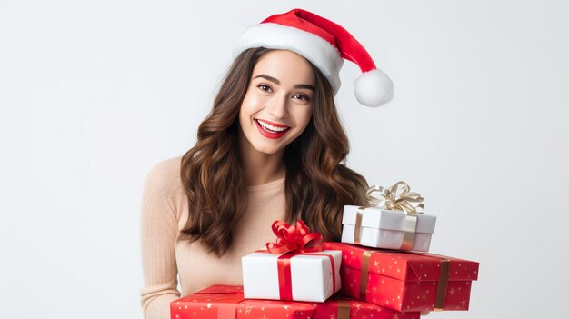 Retrato de una bella joven con regalos y un sombrero de Navidad