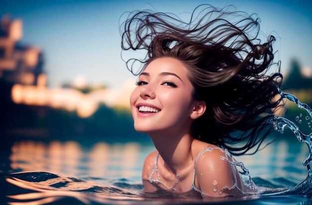 Retrato de una bella joven relajándose en la piscina IA generativa