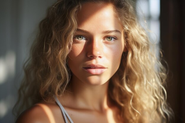 Retrato de una bella joven con el sol en la cara