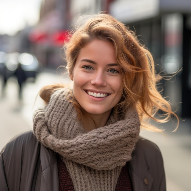 retrato de una bella joven sonriendo en la calle de la ciudad