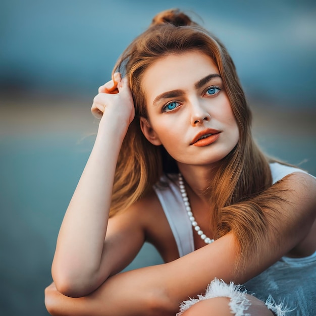 Retrato de una bella modelo femenina de ojos azules soñadores