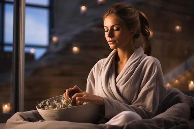 Retrato de una bella mujer en el complejo SPA de un hotel caro