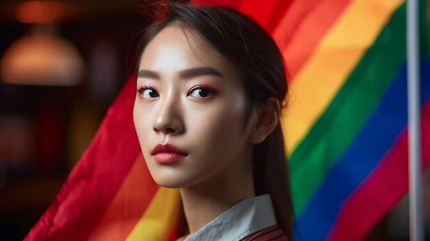 Retrato de una bella mujer frente a una bandera LGBTCreado con tecnología Generative AI