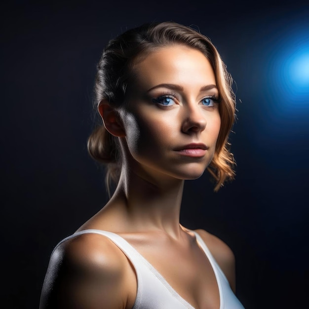 Retrato de una bella mujer joven con ojos azules sobre fondo oscuro