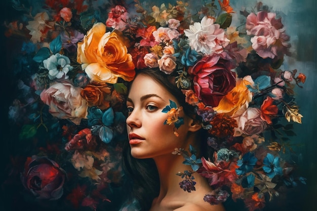 Retrato de una bella mujer joven sobre un colorido fondo floral generativo ai