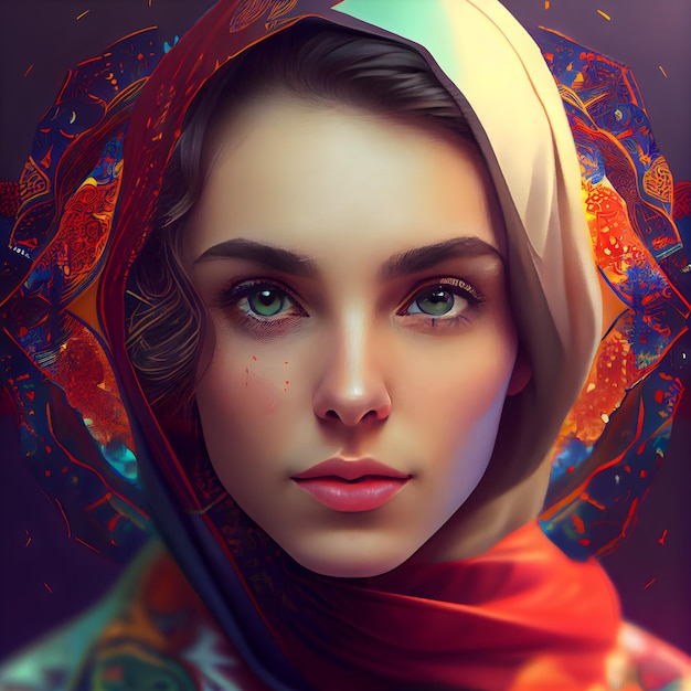 Retrato de una bella mujer con maquillaje oriental y velo rojo