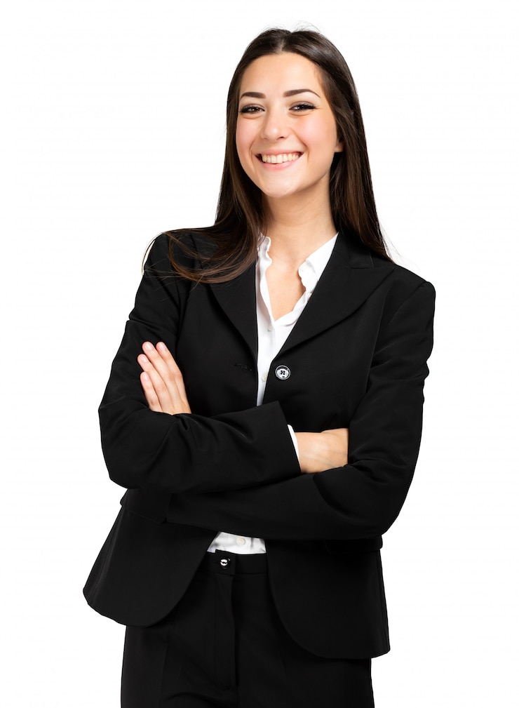 Foto retrato de una bella mujer de negocios aislada en la pared blanca