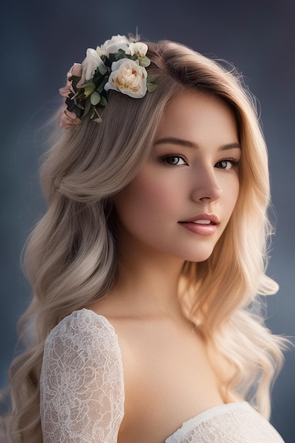 Retrato de una bella mujer rubia con una flor en el pelo