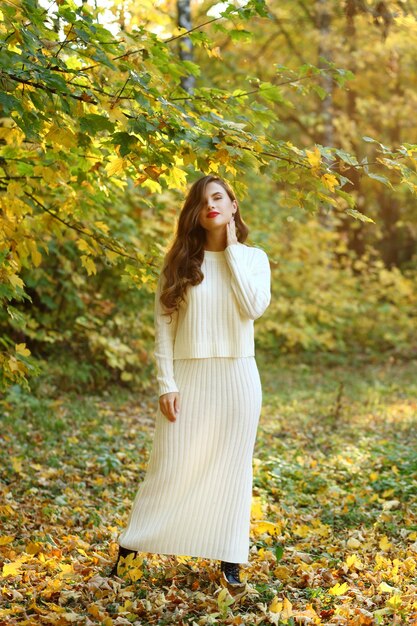 El retrato de una bella mujer sonriente está de pie en el bosque de otoño