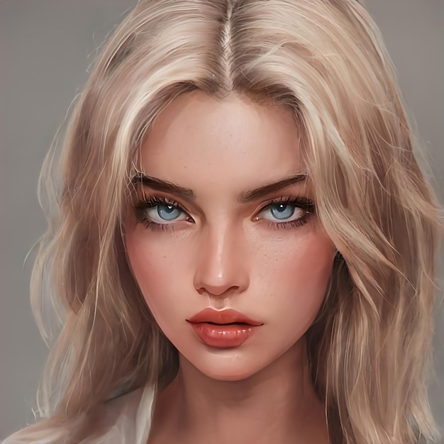 Retrato de belleza de cabello de mujer rubia. Hermoso cabello teñido de rubio de una niña. Primer plano de la cara, hermoso maquillaje. Ilustración