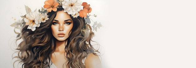 Retrato de belleza de una chica con cabello peinado y flores rosadas concepto de salón de belleza, cuidado de la piel o peluquería