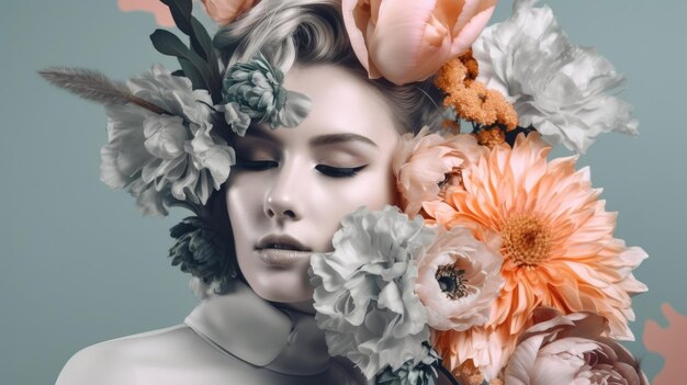 Retrato de belleza femenina gris irreconocible con flor con tecnología de IA generativa