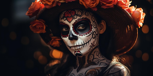 Retrato de belleza de Halloween de maquillaje de mujer esqueleto de muerte en su cara