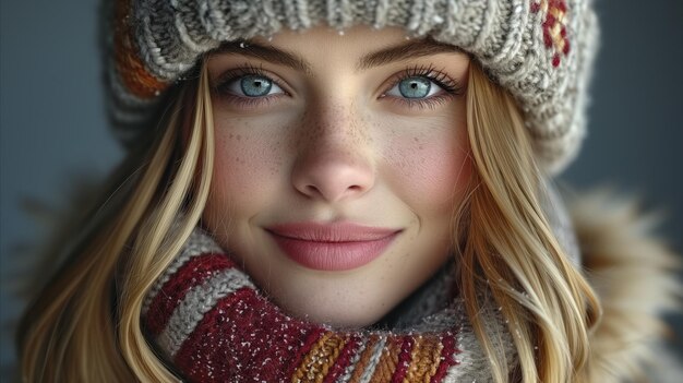 Retrato de belleza de invierno mujer con sombrero y bufanda de punto con copos de nieve