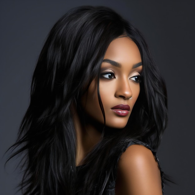 Retrato de belleza de una joven afroamericana con cabello largo y negro